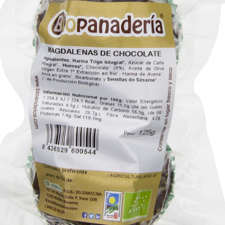 Magdalenas de Trigo Integral con Chocolate y Sésamo Ecológicas 125g (2 unidades)
