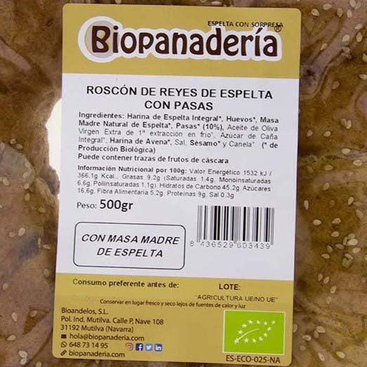 Roscón de Espelta con Pasas 500g Ecológico de Elaboración Artesanal