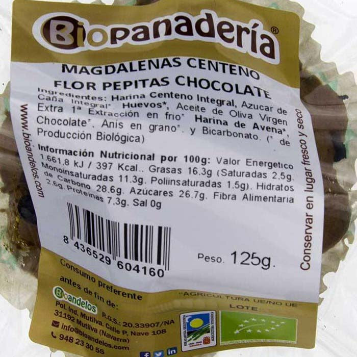 Magdalena Flor de Centeno Integral con Pepitas de Chocolate Ecológica 125g