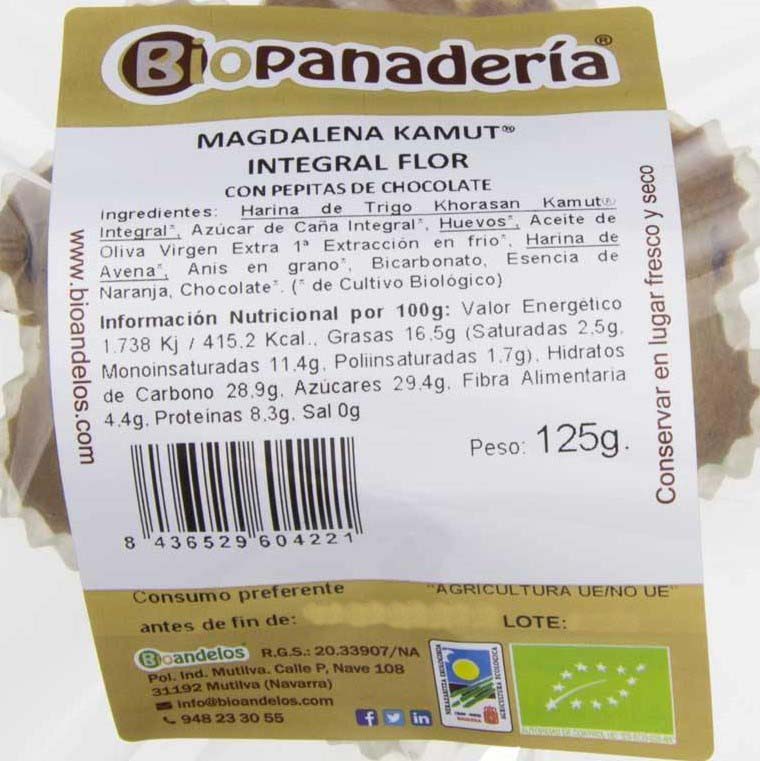 Magdalena Flor de Trigo Khorasan Kamut® Integral con Pepitas de Chocolate 125g Ecológica